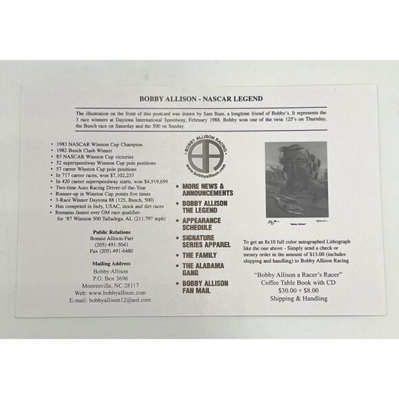 Bobby Allison Autographed NASCAR Postcard Racing Signed - Picture 3 of 3